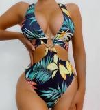 Women Sexy Deep V Print Bikini Metal Accessories Swimwear Two Pieces