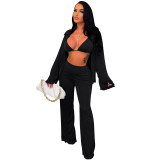 Women Sexy Velvet Solid Long Sleeve Top And Crop Top And Pant Three-Piece