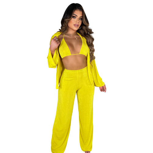 Three Piece Mesh Long Sleeve Pant Suits