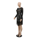 Durchsichtiges Damen-Rundhals-Langarm-Kleid mit Strassfransen