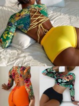 Damen Sexy Print Cutout Backless Langarm Top und Boxen Zweiteilige Bademode