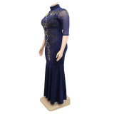 Plus Size Women Rhinestone Half Sleeve Chain Fringe Maxi Dress