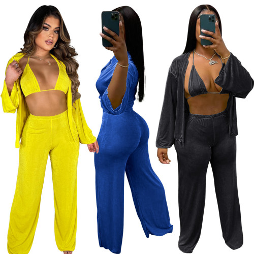 Women Sexy Velvet Solid Long Sleeve Top And Crop Top And Pant Three-Piece