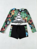 Womens Sexy Print Cutout Backless Long Sleeve Top And Boxes Two Pieces Swimwear