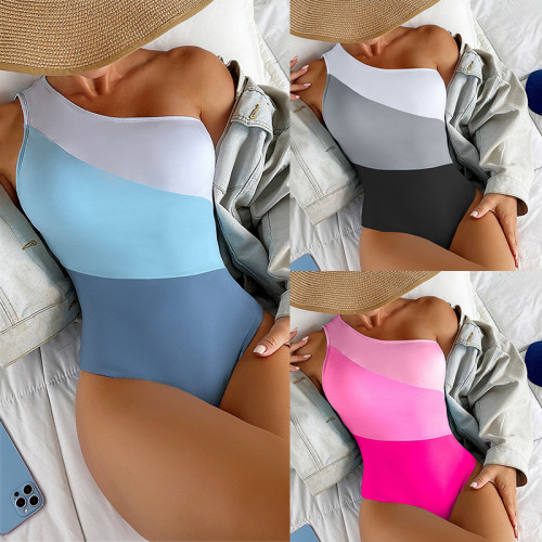 Traje de baño de bikini de una pieza de cintura alta sexy con bloque de color de un hombro para mujer