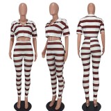 Women Casual Striped Print Short Sleeve Crop Top+ Pant Two Piece
