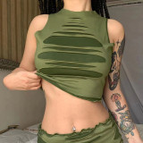 Women Retro Ripped Tank Top + Sexy Mini Skirt Two-Piece Set