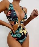 Women Sexy Deep V Print Bikini Metal Accessories Swimwear Two Pieces