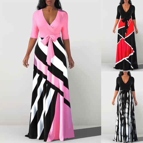 Sonbahar Kadın Renk Blok Baskı V Yaka Fiyonk Düğüm Yarım Kol Elbise