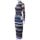 Women's Fall Casual Print Cutout Tie Long Sleeve Slim Maxi Dress