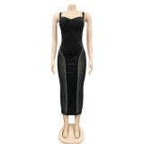 Solid Color Sexy Sling Wrap Low Back Tight Fitting Stretch Mesh Dress