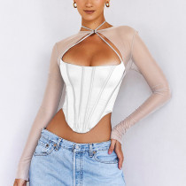 Camisas de satén de malla transparente ahuecadas de espina de pescado a la moda de verano para mujer