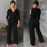Fashion women's skin-friendly v-neck long-sleeved trousers Jumpsuit