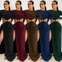 Fashion Long Sleeve Cutout Lace-Up Irregular Slit Maxi Dress
