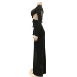 Moda Uzun Kol Kesim Bağcıklı Düzensiz Yarık Maxi Elbise