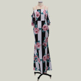 Spring Summer Printed Off Shoulder Slim Casual Maxi Dress