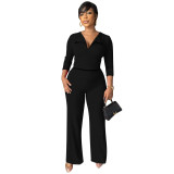 Fashion women's skin-friendly v-neck long-sleeved trousers Jumpsuit