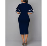 Elegant Women'S Summer Layered Flare Short Sleeve Print Plus Size Midi Bodycon Dress
