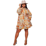 Printed Ruffled Collar Sexy Long Sleeve Loose Plus Size Women'S Dress With Belt