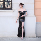 Fishtail Formal Party Elegant Chic Off Shoulder Slit Sequins Evening Dress