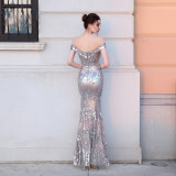 Вечернее платье Fishtail Formal Party Elegant Chic с открытыми плечами и блестками