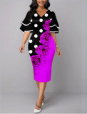 Elegant Women'S Summer Layered Flare Short Sleeve Flower Print Plus Size Midi Bodycon Dress