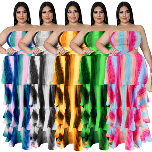 Plus Size Fall Women'S Strapless Stripe Print  Swing Layer Maxi Dress