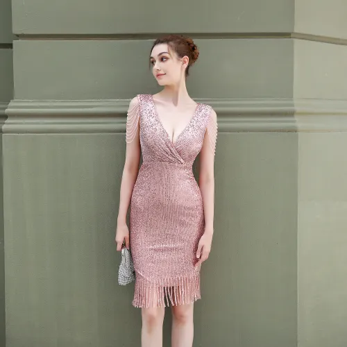 Women'S Sexy V-Neck Sequins Short Formal Party Evening Dress