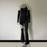 Sonbahar Uzun Örgü Şık Uzun Kol Yüksek Bel Düz Siyah Geniş Paça İki Parça Pantolon Takım