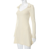 Fall Solid Color Turndown Collar Pullover Long Sleeve High Waist Women'S Dress