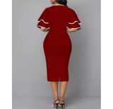 優雅な女性の夏レイヤード フレア半袖プリント プラス サイズ ミディ ボディコン ドレス