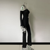 Autunno lungo maglia elegante manica lunga vita alta solido nero gamba larga due pezzi pantaloni set