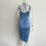 Летнее сплошное цветное платье на бретельках, модное облегающее платье середины синего цвета с высокой талией, шикарное шикарное платье