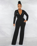 Mode Sexy Casual Slim V-Neck Lace See-Through Jumpsuit