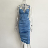 Bretelles de couleur unie d'été mode coupe ajustée bleu moyen taille haute robe chic