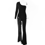 Women'S Sexy Mesh Drill Hollow One-Shoulder Long-Sleeve Jumpsuit One-Piece Summer Trousers