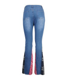 Womens Denim Stylish Patchwork Flare Jeans Pants