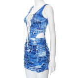 Fashion Women'S Fall Denim Pattern Print Lace-Up Low Back Sleeveless Bodysuit Short Skirt Two Piece Set