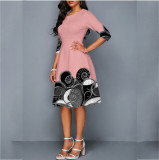 女性の夏の印刷物の半分の袖ミディ A ライン プラスのサイズのドレス