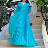 Elegantes, einfarbiges Damen-Maxikleid mit V-Ausschnitt, sexy, plissiertem, langem Kleid