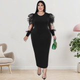 Plus Size Fall Women'S Round Neck Ruched Mesh Long Sleeve Solid Color Long Dress