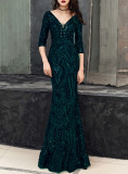 Deep V Sexy Fishtail Sequin Female Formal Party Mermaid Evening Dress