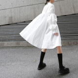 Women Fall Loose Style Pleated Shirt Dress Trendy Stand Collar Lantern Sleeve Irregular Dress