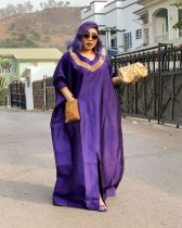 Summer Loose Muslim Purple Colorblock African Women'S Loose Robe Dress