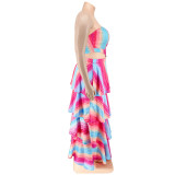 Plus Size Fall Women'S Strapless Stripe Print  Swing Layer Maxi Dress