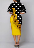 エレガントな女性の夏レイヤード フレア半袖フラワー プリント プラス サイズ ミディ ボディコン ドレス