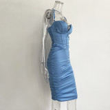Summer Solid Color Straps Fashion Slim Fit Mid Blue High Waist Chic Dress