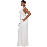 Summer Women'S Fashion Casual Solid Color Halter Lace-Up Backless Wide Leg Jumpsuit