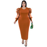 Плюс Размер Осеннее женское платье с круглым вырезом и рюшами в сеточку с длинным рукавом, однотонное длинное платье
