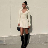 Sonbahar Düz Renk Devirme Yaka Kazak Uzun Kollu Yüksek Bel Kadın Elbise